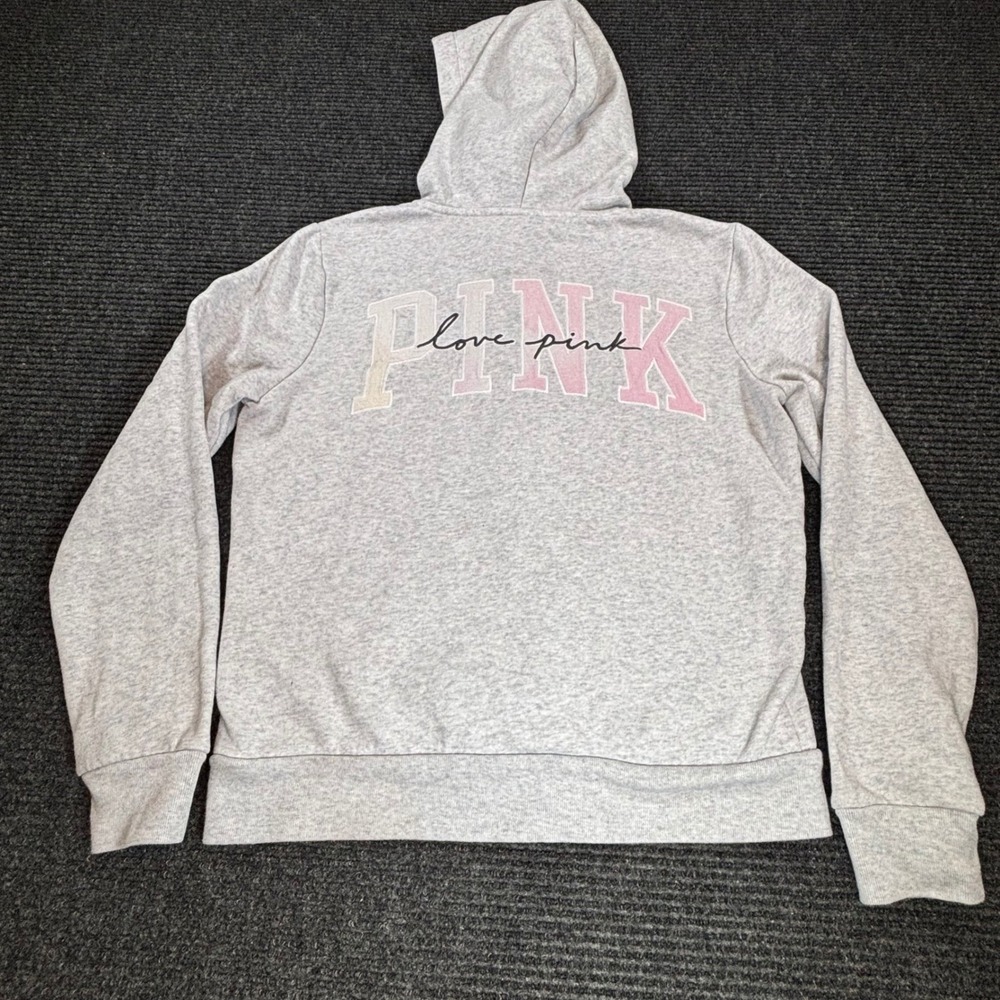 PINK Victoria's Secret Grey Full Zip Hoodie Love Pink Graphic Womens Small - Picture 2 of 8